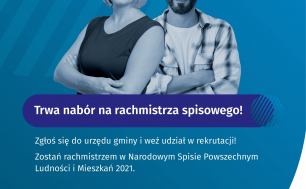 plakat Narodowego Spisu Powszechnego Ludności i Mieszkań 2021 - na granatowym tle dwoje ludzi - kobieta i mężczyzna. Informacje dotyczące spisu wraz z danymi kontaktowymi do Urzędu Miejskiego w Słupsku (dostępne w treści artykułu). W dolnym prawym rogu logotyp Głównego Urzędu Statystcznego oraz napis Narodowy Spis Powrzechny Ludności i Mieszkań 2021.